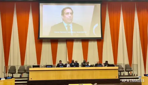 libyan President Mohamed Menfi presents a message to the international community regarding the flood disaster that struck eastern Libya, during the meetings of the United Nations General Assembly in New York on September...