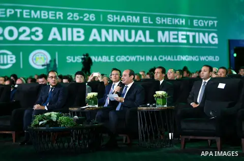 Egyptian President Abdel Fattah El-Sisi witnesses the opening of the eighth edition of the meetings of the Board of Governors of the Asian Infrastructure Investment Bank, which is being held in Sharm El Sheikh , in Egypt...