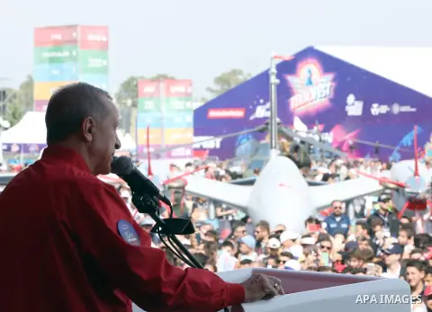Turkish President Recep Tayyip Erdogan participates in the Military Aerospace Industries Exhibition TEKNOFEST2023, at Çeğli Air Base in Ozmir, Turkiye on September 29, 2023. Photo by Turkish presidency \ apaimages