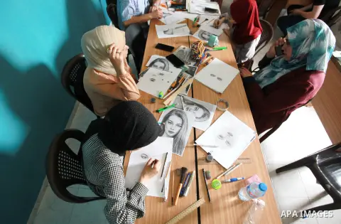 Palestinians attend a charcoal drawing course in Gaza city on September 30, 2023. Charcoal drawing is one of the oldest art forms known to humanity, and is still widely used today thanks to its expressive capabilities. I...