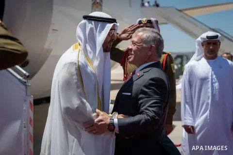 King Abdullah II receives United Arab Emirates President Sheikh Mohamed bin Zayed Al Nahyan at Marka Military Airport in Amman, Jordan on August 02, 2023. Photo by Royal Hashemite Court \ apaimages