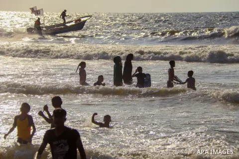 Palestinians enjoy their time on the beach of Gaza sea amidst soaring temperatures and power cuts، on August 11, 2023. For Palestinians living on the crowded Gaza Strip, a searing summer heat wave has been made worse by...