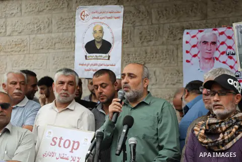 Palestinians take part in a protest in solidarity with prisones held in Israeli Jails in front of Red Cross Office in Gaza city on August 14, 2023. According to the latest figures from Addameer, the Palestinian Prisoner...