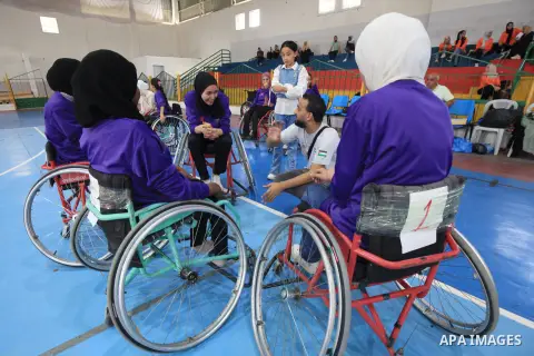 Palestinians women of special needs take part in wheelchair basketball tournament in Gaza city, on August 16, 2023. The refreshing wheelchair basketball tournament for girls with disabilities is organized by the Palestin...