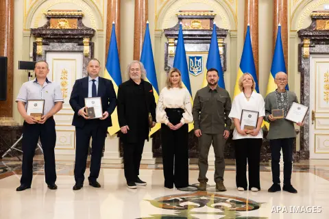 Ukraine's President Volodymyr Zelensky, participates in the presentation of the National Legend of Ukraine Presidential Award in Ukraine on August 23, 2023. Photo by PRESIDENT OF UKRAINE\ apaimages