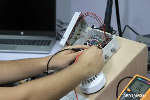Palestinian youth Jihad Hammuda, 20, invents the smart system for protection from gas leakage and fire in Gaza city on August 23, 2023. Hammouda says that the smart system for protection from gas leakage and fire it work...