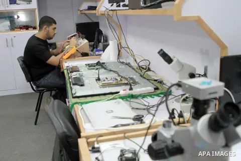 Palestinian youth Jihad Hammuda, 20, invents the smart system for protection from gas leakage and fire in Gaza city on August 23, 2023. Hammouda says that the smart system for protection from gas leakage and fire it work...