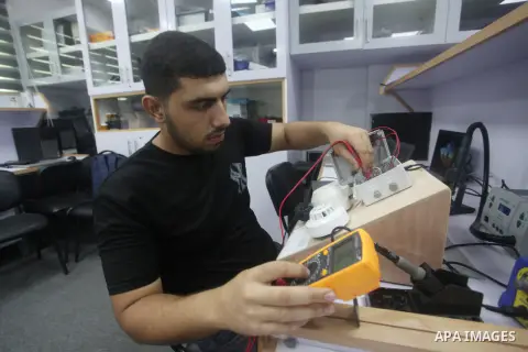 Palestinian youth Jihad Hammuda, 20, invents the smart system for protection from gas leakage and fire in Gaza city on August 23, 2023. Hammouda says that the smart system for protection from gas leakage and fire it work...