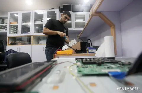 Palestinian youth Jihad Hammuda, 20, invents the smart system for protection from gas leakage and fire in Gaza city on August 23, 2023. Hammouda says that the smart system for protection from gas leakage and fire it work...