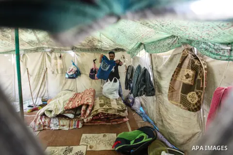 The Palestinian Saad family live in a tent in the center of Gaza strip on Septemper 2, 2023. Saad poor family consist of 14 members who face difficult life and the high cost of living. Gaza’s 2.3 million people are suffe...