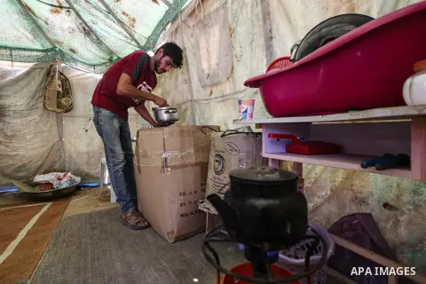 The Palestinian Saad family live in a tent in the center of Gaza strip on Septemper 2, 2023. Saad poor family consist of 14 members who face difficult life and the high cost of living. Gaza’s 2.3 million people are suffe...