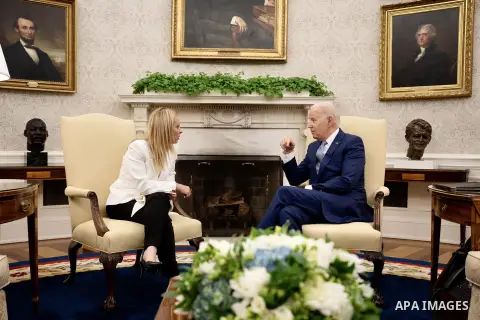Italian Prime Minister Giorgia Meloni meets with U.S. President Joe Biden in the Oval Office of the White House July 27, 2023 in Washington, DC Photo by Italian Prime Minister Office/APAimages