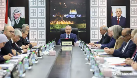 Palestinian Prime Minister Mohammad Shtayyeh chairs the government meeting in the West Bank city of Ramallah, on July 10, 2023. Photo by Shadi Hatem\ apaimages