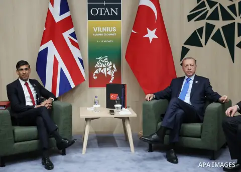 Turkish President Recep Tayyip Erdogan meets British Prime Minister Rishi Sunak on the sidelines of the Summit of Heads of State and Government of NATO member states in Vilnius, Lithuania on July 11, 2023. Photo by AK Pa...