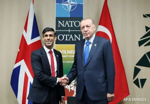 Turkish President Recep Tayyip Erdogan meets British Prime Minister Rishi Sunak on the sidelines of the Summit of Heads of State and Government of NATO member states in Vilnius, Lithuania on July 11, 2023. Photo by AK Pa...