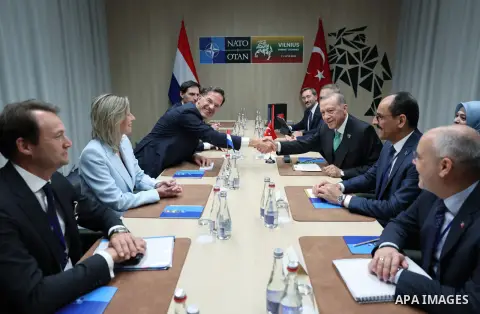 Turkish President Recep Tayyip Erdogan meets Dutch Prime Minister Mark Rutte, on the sidelines of the NATO Heads of State and Government Summit in Vilnius, Lithuania on July 12, 2023. Photo by AK Party\ apaimages