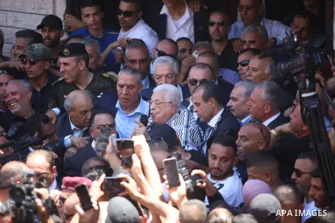 Palestinian president Mahmud Abbasarrives in a landmark visit to the Jenin camp, north of the West Bank on July 12, 2023, a week after the largest Israeli raid there in years. Photo by Ahmed Ibrahim\ apaimages