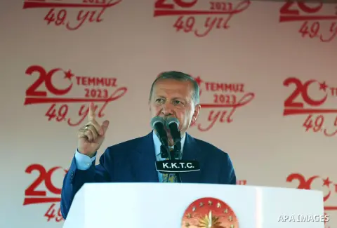 Turkish President Recep Tayyip Erdogan attends the Official Ceremony of July 20 Peace and Freedom Day in Nicosia on July 20, 2023 Photo by Turkish presidency \ apaimages
