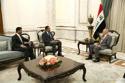 Iraqi President Abdul Latif Jamal Rashid meets with the Ambassador of the State of Kuwait to Iraq, Tariq Abdullah Al-Faraj, in Iraq on July 23, 2023. Photo by Iraqi Presidency Office \ apaimages