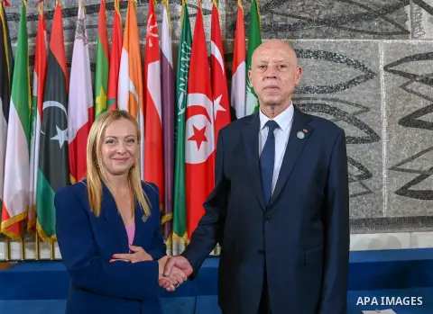 Tunisian President Kais Saied meets Giorgia Meloni, Italian Prime Minister, in Rome, on July 23, 2023. Photo by Tunisian Presidency\ apaimages