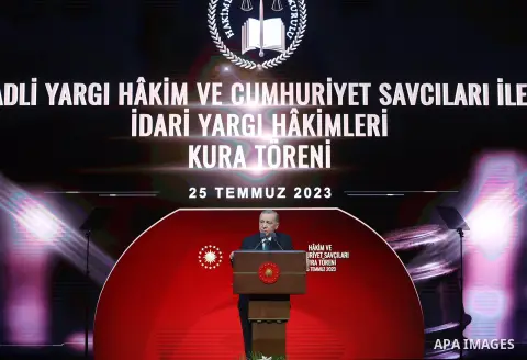 Turkish President Recep Tayyip Erdogan participates in the ceremony of appointing 1,102 judges and prosecutors on July 25, 2023. Photo by Turkish presidency \ apaimages