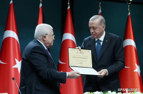 Turkish President Recep Tayyip Erdogan meets Palestinian President Mahmoud Abbas at the Presidential Complex in Ankara on July 23, 2023. Photo by Turkish presidency \ apaimages