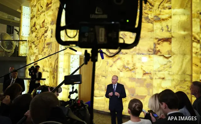 Russian President Vladimir Putin answers questions from media representatives in St. Petersburg, Russia, on September 25, 2026. Putin said proposals for settling the war in Ukraine remain on the table but that Moscow wou...