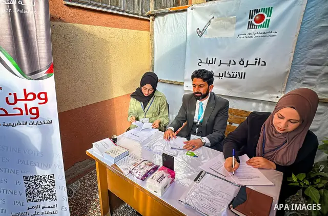 Palestinians submit nomination applications for their electoral lists for the 2026 legislative elections at the Central Elections Commission office in Deir el-Balah, central Gaza Strip, on September 26, 2026. The commiss...