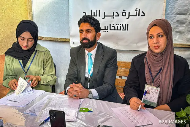 Palestinians submit nomination applications for their electoral lists for the 2026 legislative elections at the Central Elections Commission office in Deir el-Balah, central Gaza Strip, on September 26, 2026. The commiss...