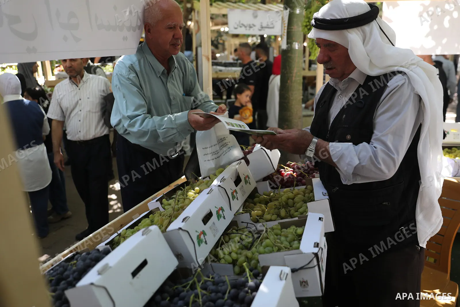 Palestinian farmers and residents take part in a grape festival in the Old City of Hebron, West Bank, on September 26, 2026, celebrating the grape harvest for which the area is known. The festival featured various grape...