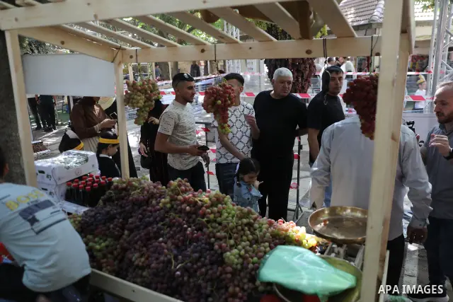 Palestinian farmers and residents take part in a grape festival in the Old City of Hebron, West Bank, on September 26, 2026, celebrating the grape harvest for which the area is known. The festival featured various grape...