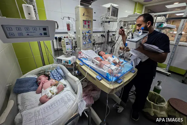 Palestinian newborns receive care in the neonatal unit at Nasser Medical Complex in Khan Younis, southern Gaza Strip, on September 26, 2026. The unit has 14 incubators but is caring for 24 newborns, reflecting growing pr...