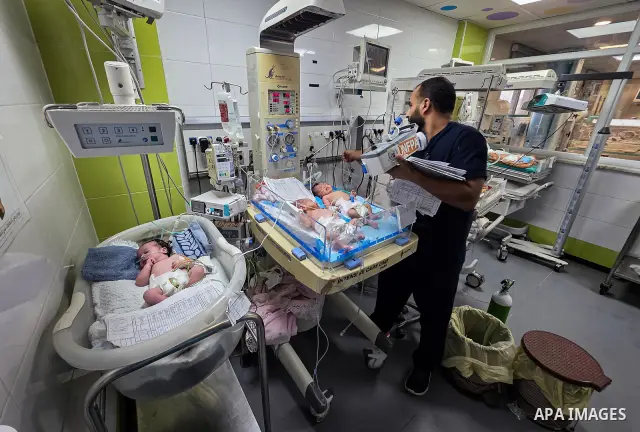 Palestinian newborns receive care in the neonatal unit at Nasser Medical Complex in Khan Younis, southern Gaza Strip, on September 26, 2026. The unit has 14 incubators but is caring for 24 newborns, reflecting growing pr...