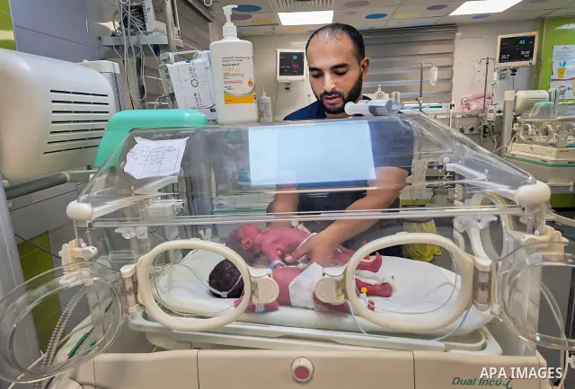 Palestinian newborns receive care in the neonatal unit at Nasser Medical Complex in Khan Younis, southern Gaza Strip, on September 26, 2026. The unit has 14 incubators but is caring for 24 newborns, reflecting growing pr...