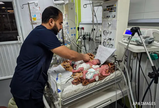 Palestinian newborns receive care in the neonatal unit at Nasser Medical Complex in Khan Younis, southern Gaza Strip, on September 26, 2026. The unit has 14 incubators but is caring for 24 newborns, reflecting growing pr...
