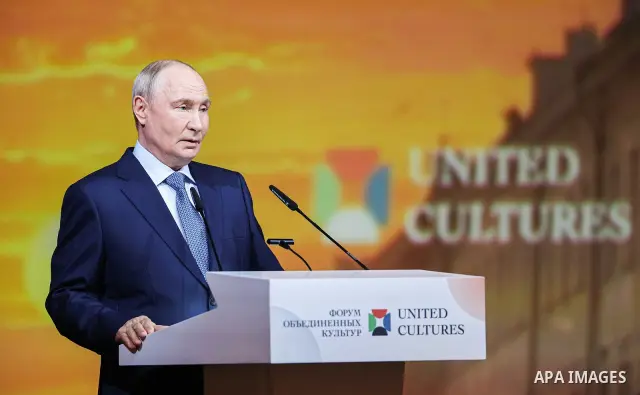 Russian President Vladimir Putin delivers a speech during the 12th St. Petersburg International Forum of United Cultures in St. Petersburg, Russia, on September 25, 2026. The forum, held from September 24 to 26, brings t...