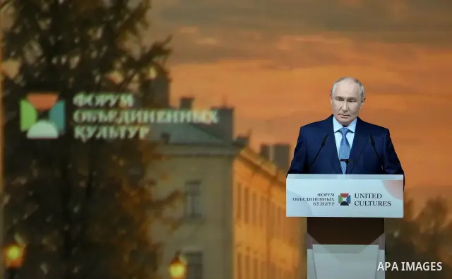 Russian President Vladimir Putin delivers a speech during the 12th St. Petersburg International Forum of United Cultures in St. Petersburg, Russia, on September 25, 2026. The forum, held from September 24 to 26, brings t...