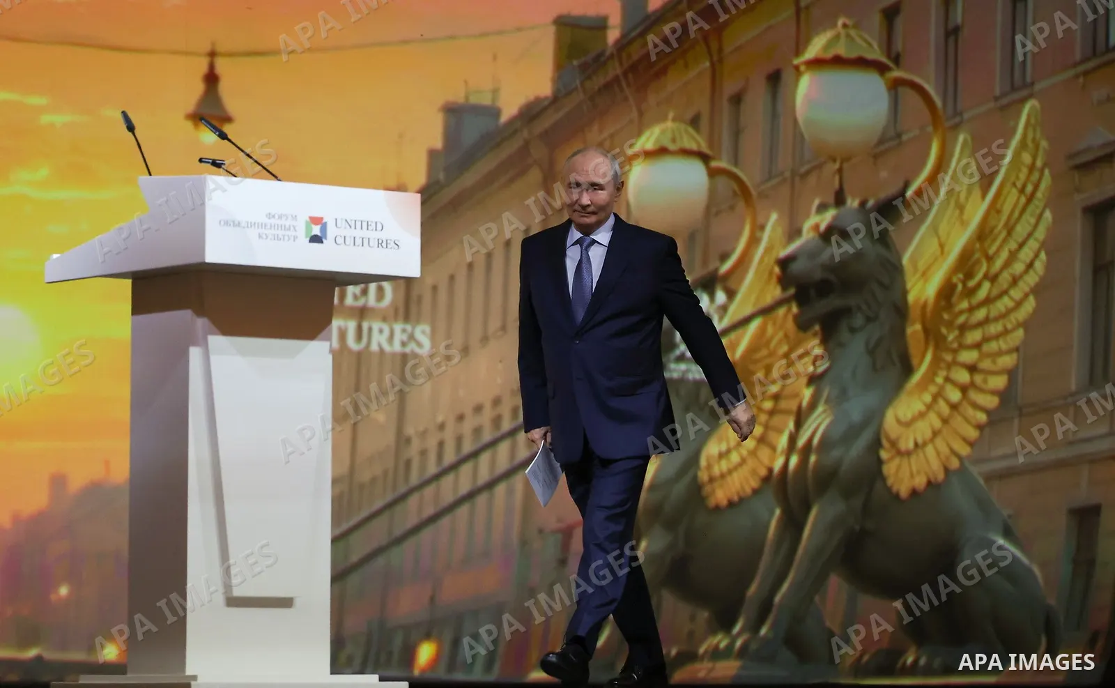 Russian President Vladimir Putin delivers a speech during the 12th St. Petersburg International Forum of United Cultures in St. Petersburg, Russia, on September 25, 2026. The forum, held from September 24 to 26, brings t...