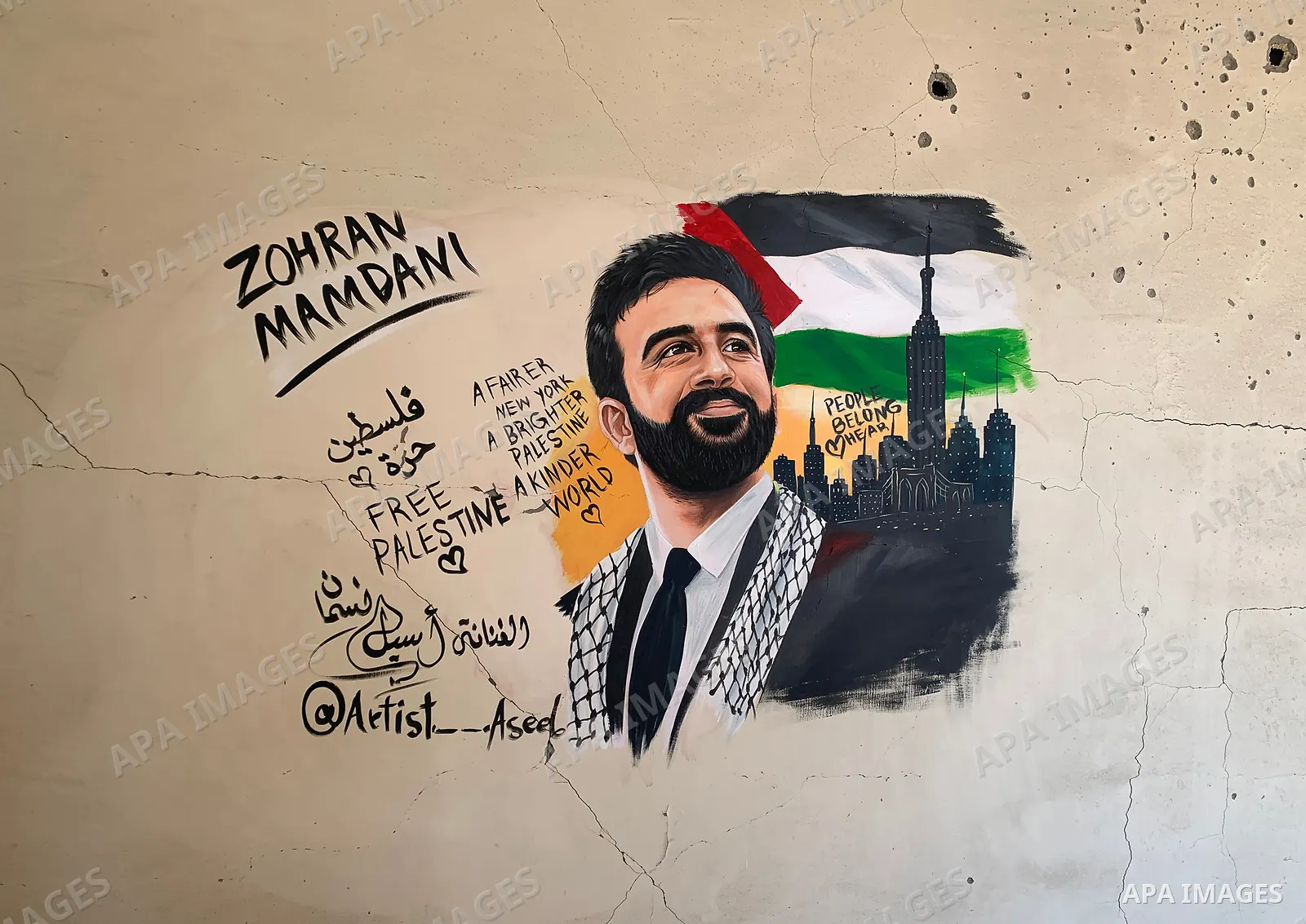 Palestinian artist Aseel Nasman creates artwork on the rubble of destroyed homes in the Gaza Strip on September 24, 2026. Nasman uses her art to portray international figures who have expressed support for Palestinians,...